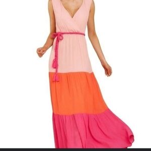 Flying Tomato Deep V Neck Flowy Silky Pastel Peach, Deep Coral, Hot Pink Maxi